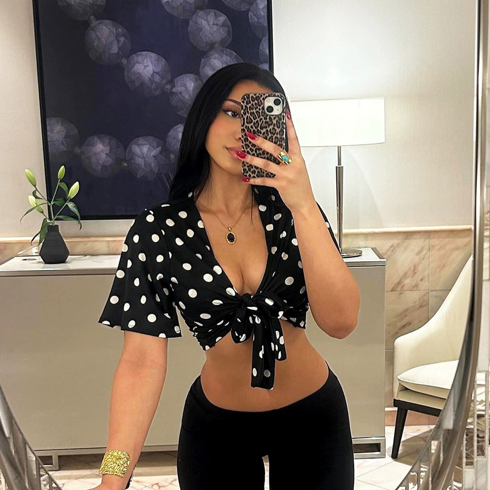 Zara Summer Polka Dot Tie Front Blouse Vacation Short Sleeve Top